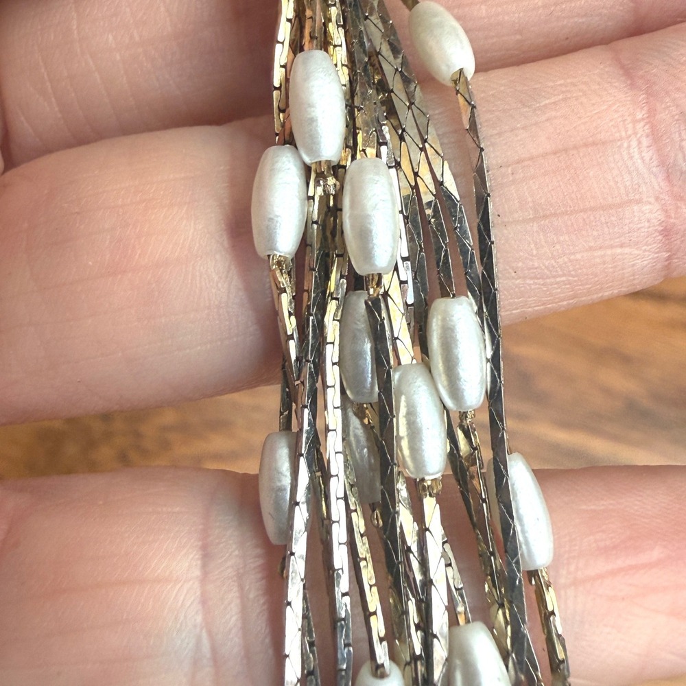 Vintage Gold Tone Tassel Clip On Earrings White Faux Rice Pearl Multi Strand